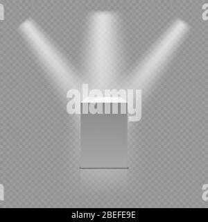 Museum pedestal, white empty 3d podium and spotlights isolated on transparent background. Vector illustration Stock Vector