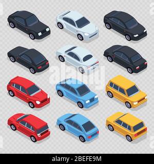 Isometric 3d cars set isolated on transparent background. Set transport isometric automobile, vector illustration Stock Vector