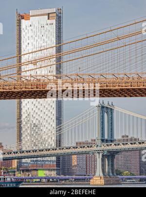 One Manhattan Square building, Brooklyn Bridge and Manhattan Bridge in one frame