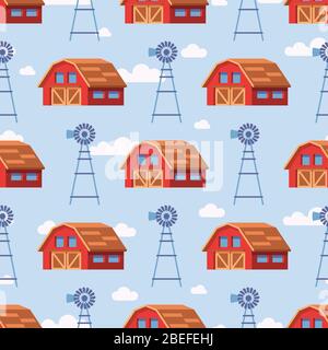 Red farm house seamless pattern design background. Vector illustration flat cartoon Stock Vector