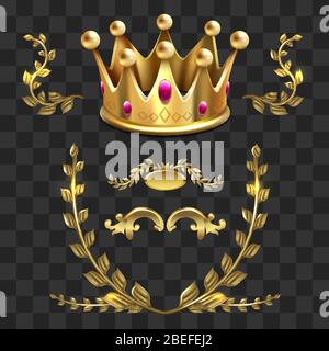 Golden vector heraldic elements. Kings crown, laurel wreath isolated on transparent background illustration Stock Vector