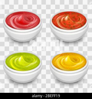 Different gourmet sauces, mustard, ketchup, soy, marinade isolated on transparent background. Vector illustration collection Stock Vector
