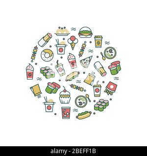 Asian fast food line icons in round form concept. Vector illustration Stock Vector