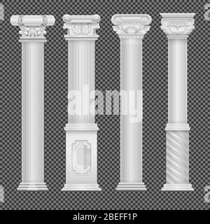 Realistic white antique roman column isolated on transparent background. Column and pillar classic, vector illustration Stock Vector