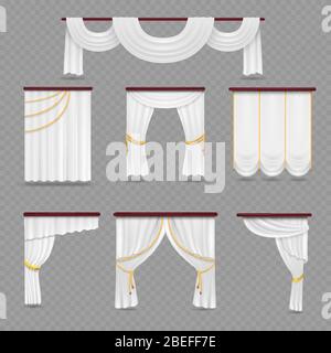 White curtains drapery for wedding room and windows isolated on transparent background. Curtain window fabric satin, interior wedding, vector illustration Stock Vector