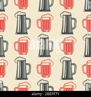 Vintage beer glasses semless pattern. Retro background. Vector flat illustration Stock Vector