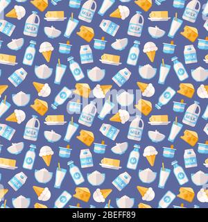 Dairy, milk, yogurt, cream, cheese seamess pattern - milk production texture background. Vector illustration Stock Vector