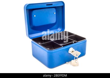 Open blue safe with a key on a white background Stock Photo