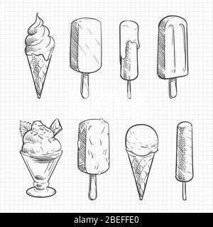 Ice cream sketch collection on notebook page isolated. Vector illustration Stock Vector