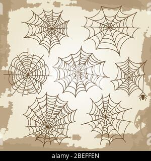 Cobweb set on grunge vintage background. Halloween spider elements. Vector illustration Stock Vector