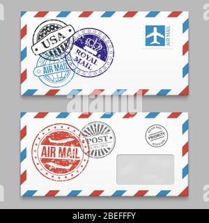 Set of letters design - envelopes with grunge style poststamps. Vector illustration Stock Vector