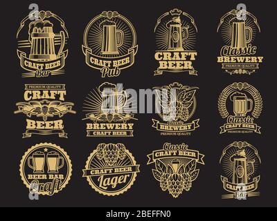 Vintage vector beer labels on black background. Beer label brewery, alcohol drink beverage illustration Stock Vector