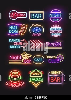 Night bar and burger coffee, cafe neon signs set. Vector illustration Stock Vector