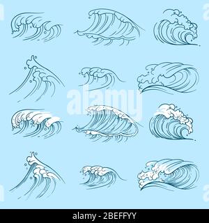 Sketch ocean waves. Hand drawn sea storm wave isolated. Vector illustration Stock Vector