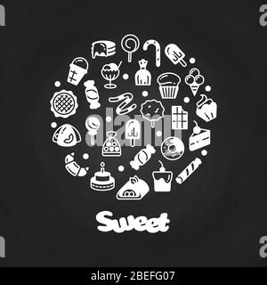 White sweet desserts cakes candies icons on chalkboard. Vector illustration Stock Vector