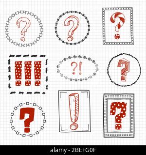 Question and exclamation marks on hand drawn frames. Vector illustration Stock Vector