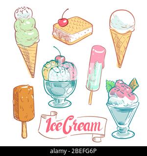 Hand drawn ice cream set isolated on white background. Vector illustration Stock Vector
