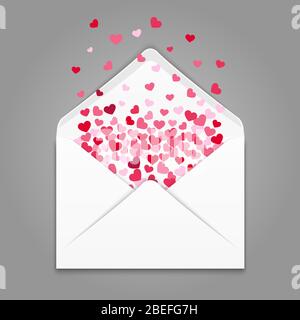 Realistc white paper envelope with colorful hearts confetti. Envelope with valentine mail heart, love letter message, vector illustration Stock Vector