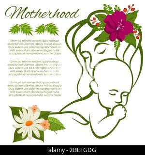 Mom and baby line silhouette and flowers - motherhood poster design. Vector illustration Stock Vector