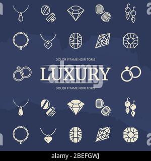 Jewelry and diamonds line and silhouette icons set on grunge background. Vector illustration Stock Vector