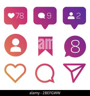 Colorful like icons, like follower commets location icons set. Vector illustration Stock Vector
