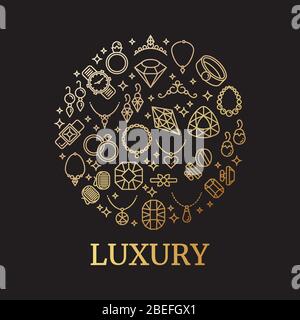 Golden jewelry and gemstones line vector icons. Luxury concept for jewelry store illustration Stock Vector