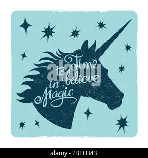 Grunge vintage card with inspiring unicorn silhouette head. Vector illustration Stock Vector