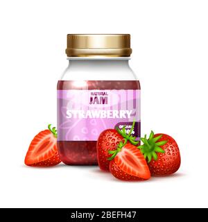 Closeup glass jar with strawberry jam and berries isolated on white background. Jam and jelly sweet strawberry, vector illustration Stock Vector