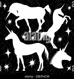 White unicorn silhouettes set with stars on black backdrop. Vector unicorn horse, vector magic animal black illustration Stock Vector