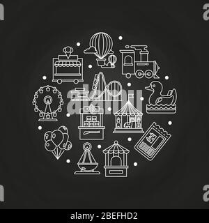 Carnival circus amuseent park line icons in round form concept. Vector illustration Stock Vector
