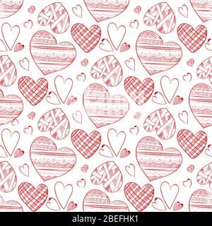 Red doodle hearts seamless pattern wallpaper background drawing, vector illustration Stock Vector
