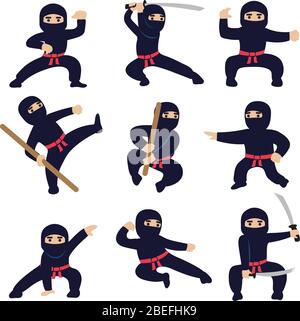 Cartoon funny warriors. Ninja or samurai vector characters. Ninja warrior samurai in mask with weapon sword illustration Stock Vector