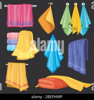 Kitchen and bath hanging and folding towels isolated vector set. Towel textile for bath room and beach illustration Stock Vector