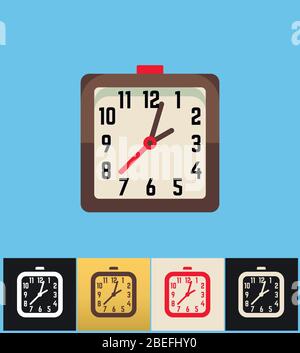 Clock icon. Flat vector illustration on different colored backgrounds. Brown square analog clock set icons Stock Vector