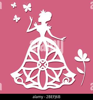 Paper carving princess with butterflies and flower on pink background. Vector illustration Stock Vector