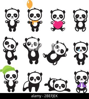 Cute cartoon chinese panda bear vector character set. Chinese bear panda set, character cartoon animal illustration Stock Vector