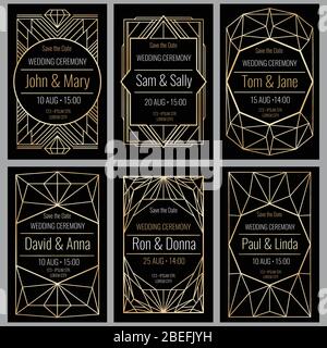 Modern abstract vector backgrounds in art deco style. Classy wedding invitations with geometric frame. Wedding luxury template, invitation frame geometry style illustration Stock Vector