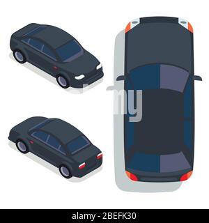 Vector flat style cars in different views. Black sedan illustration Stock Vector