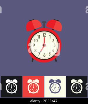 Clock icon. Flat vector illustration on different colored backgrounds. Red analog clock Stock Vector