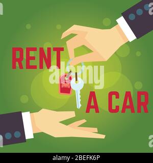 Car rent vector illustration. Hand holding car key. Flat style concept. Poster rent car Stock Vector