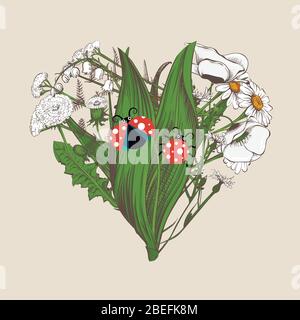 Heart made of hand-drawn flowers and cute ladybugs colored. Vintage vector illustration drawing flower Stock Vector