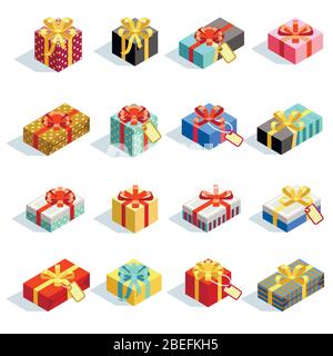Big set of different colored 3D giftboxes with ribbons isolated. Color giftbox for birthday and christmas surprise. Vector illustration Stock Vector