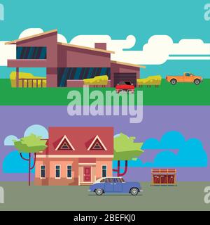 Vector horizontal banners set with residential houses with cars. Flat vector illustration Stock Vector