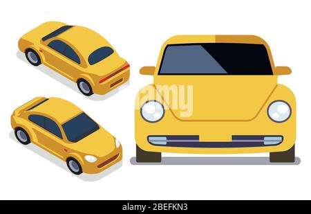 Vector flat-style cars in different views. Yellow isometric car cab illustration Stock Vector