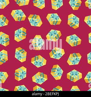 Seamless pattern with gold giftboxes on red background. Flat style vector illustration Stock Vector