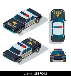 Vector flat-style cars in different views. Isometric police car transport patrol top and front view illustration Stock Vector