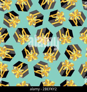 Seamless pattern with black giftboxes on blue background. Flat style vector illustration Stock Vector
