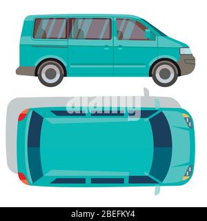 Vector flat-style cars in different views. Blue minivan car illustration Stock Vector