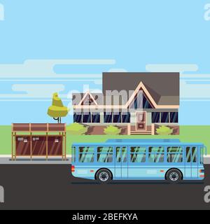 Residential old-style house with bus stop. Flat vector illustration Stock Vector