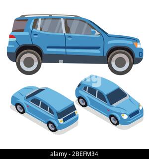 Vector flat-style cars in different views. Blue suv. Car transport blue automobile illustration Stock Vector